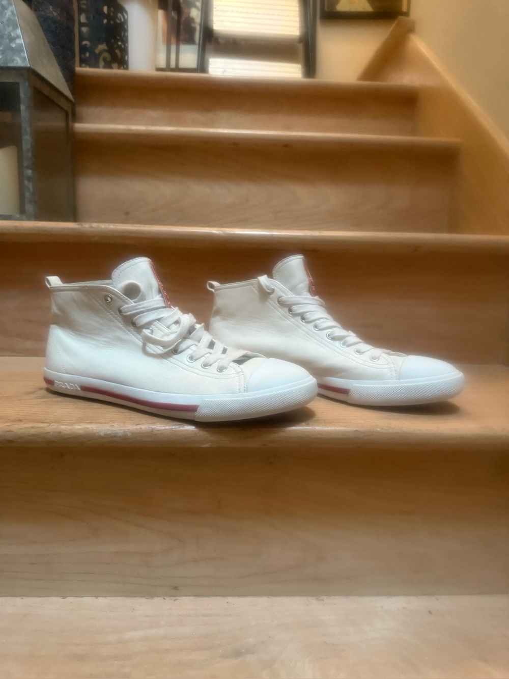 Prada Men’s Linea Rossa Red Tab Leather Mid-top Sneakers (Off-white, 10US) - Picture 8 of 15